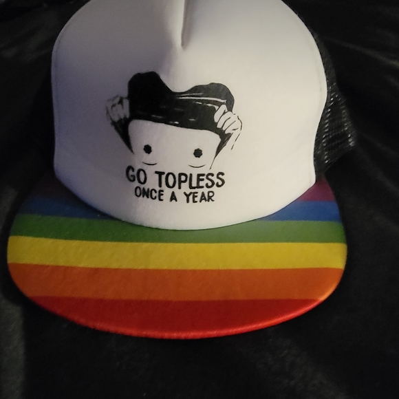 Snapback "Go Topless Once A Year" Pride Rainbow Trucker Hat - Picture 2 of 6